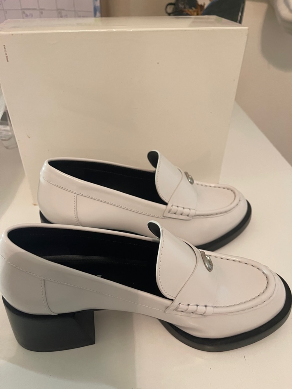 COACH White Natalie  Women’s Leather Penny Loafers with Silver Logo - Picture 4 of 7